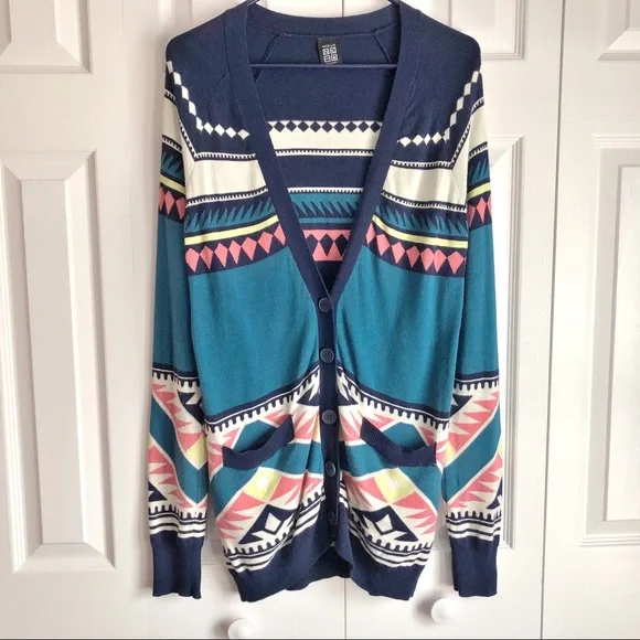 Nollie Boho Blue Aztec Print Long Grandpa Cardigan Small - Picture 2 of 14
